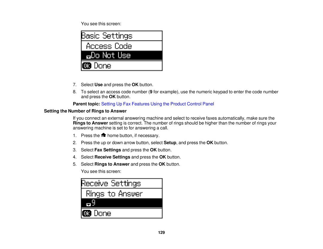 Epson WF-2630 manual Setting the Number of Rings to Answer 