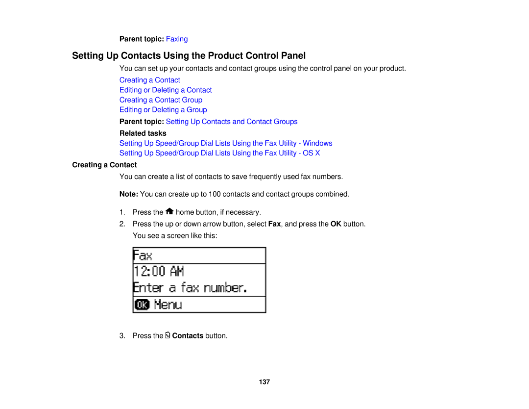 Epson WF-2630 manual Setting Up Contacts Using the Product Control Panel, Creating a Contact 