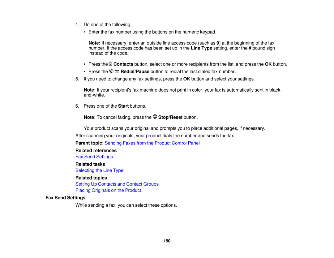 Epson WF-2630 manual Related references, Fax Send Settings 