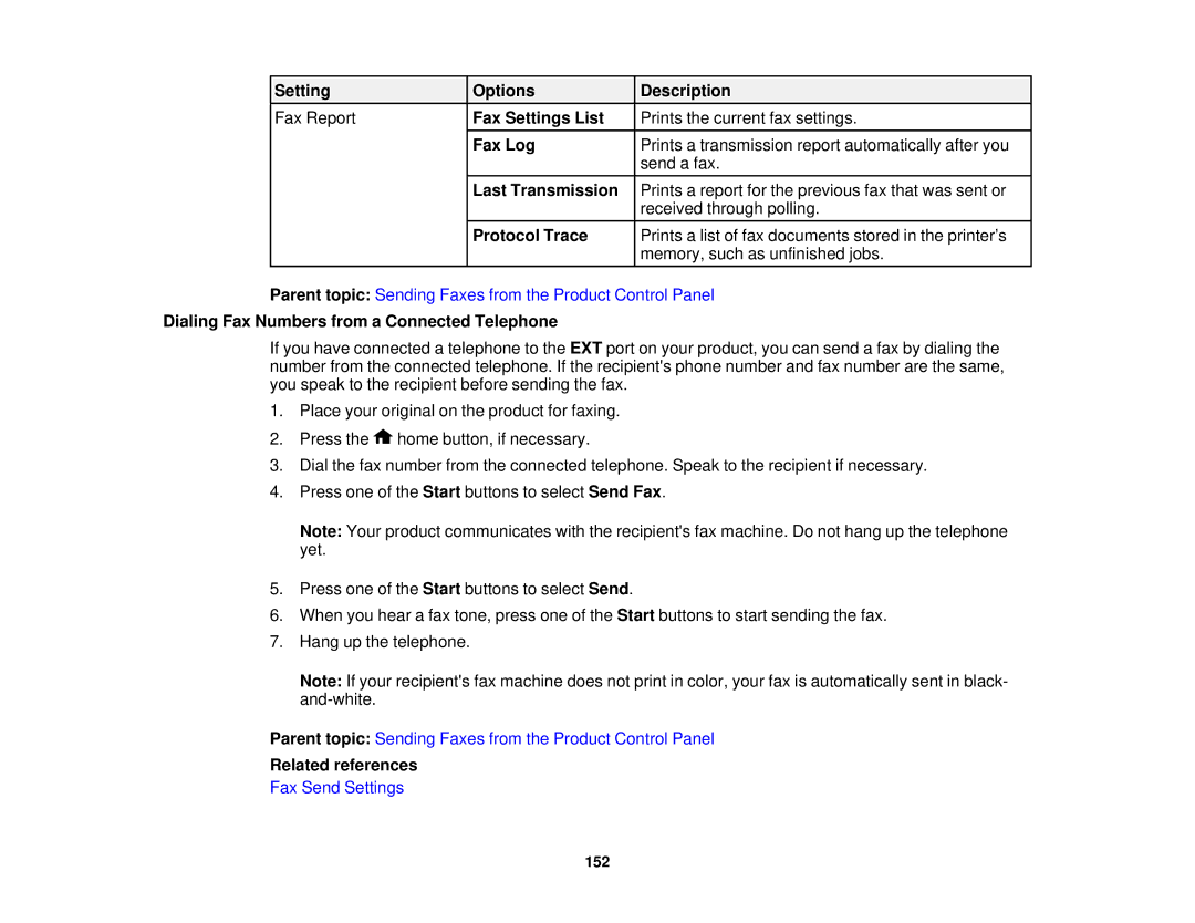 Epson WF-2630 manual Setting Options Description, Dialing Fax Numbers from a Connected Telephone 