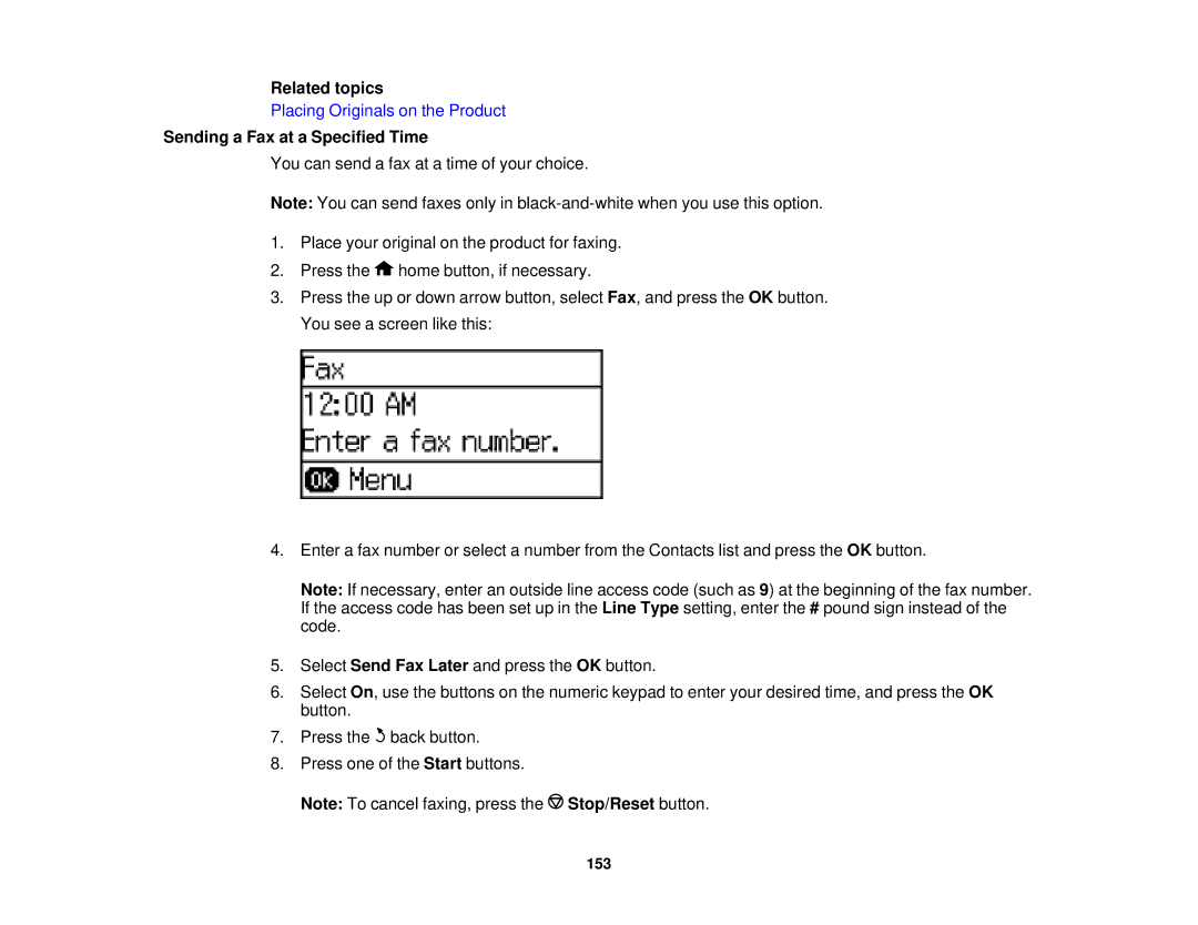 Epson WF-2630 manual Related topics, Sending a Fax at a Specified Time 