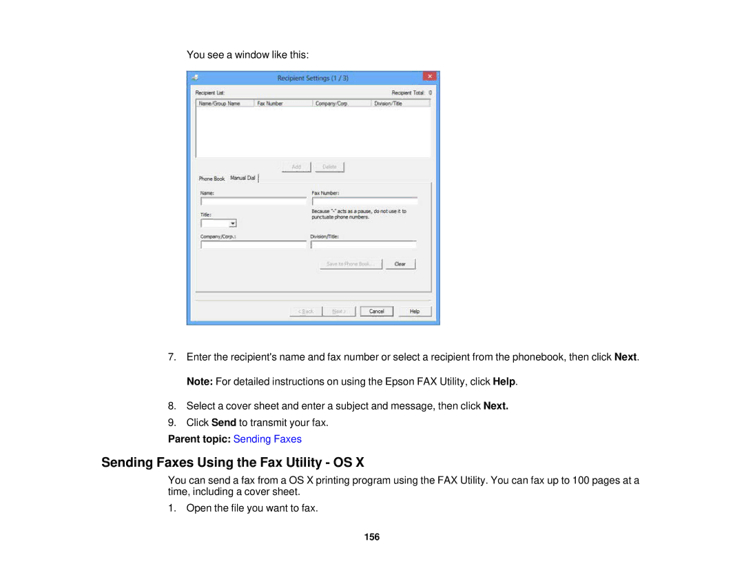 Epson WF-2630 manual Sending Faxes Using the Fax Utility OS, Parent topic Sending Faxes 