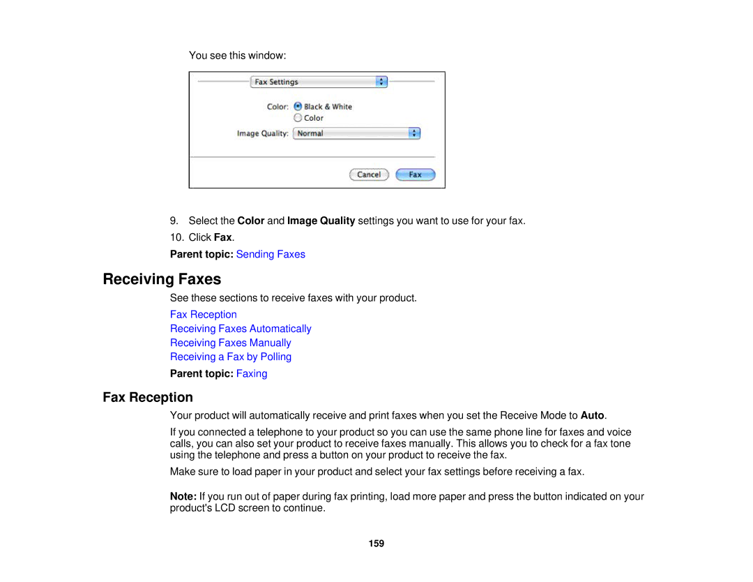 Epson WF-2630 manual Receiving Faxes, Fax Reception 