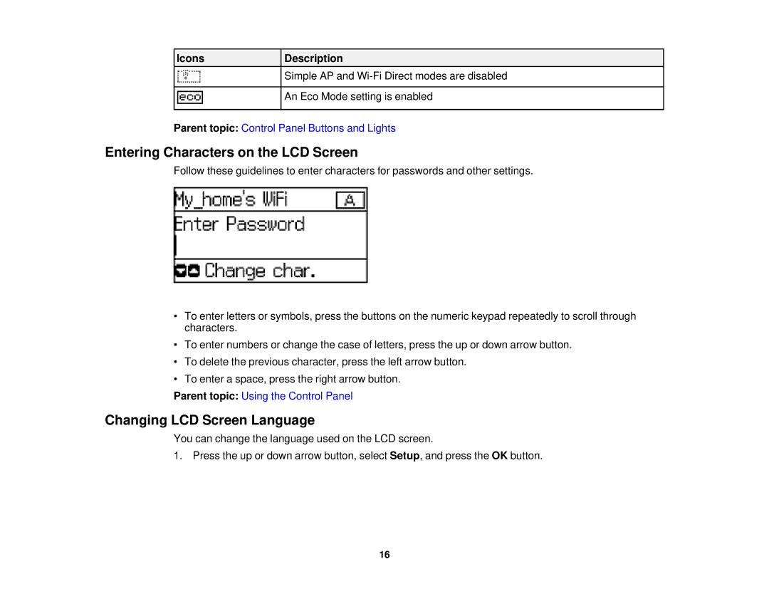 Epson WF-2630 manual Entering Characters on the LCD Screen, Changing LCD Screen Language 