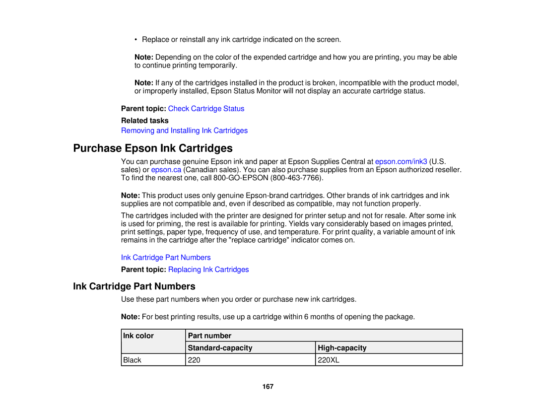 Epson WF-2630 manual Purchase Epson Ink Cartridges, Ink Cartridge Part Numbers 