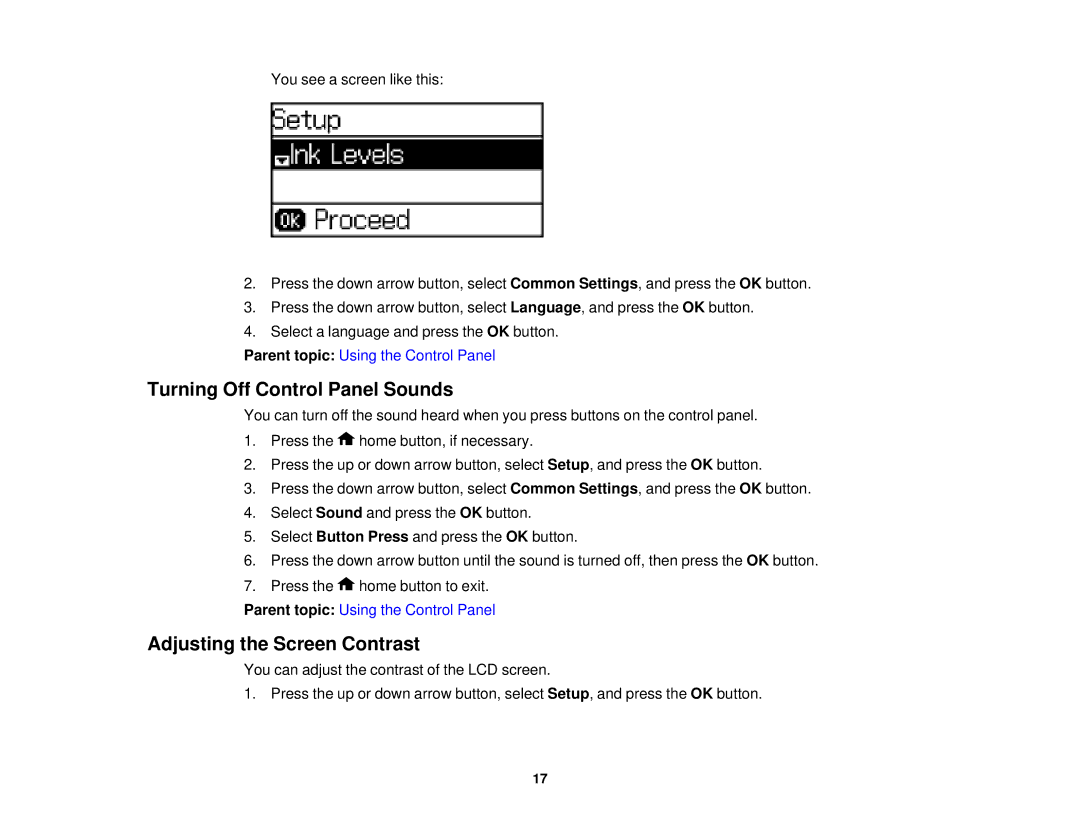 Epson WF-2630 manual Turning Off Control Panel Sounds, Adjusting the Screen Contrast 