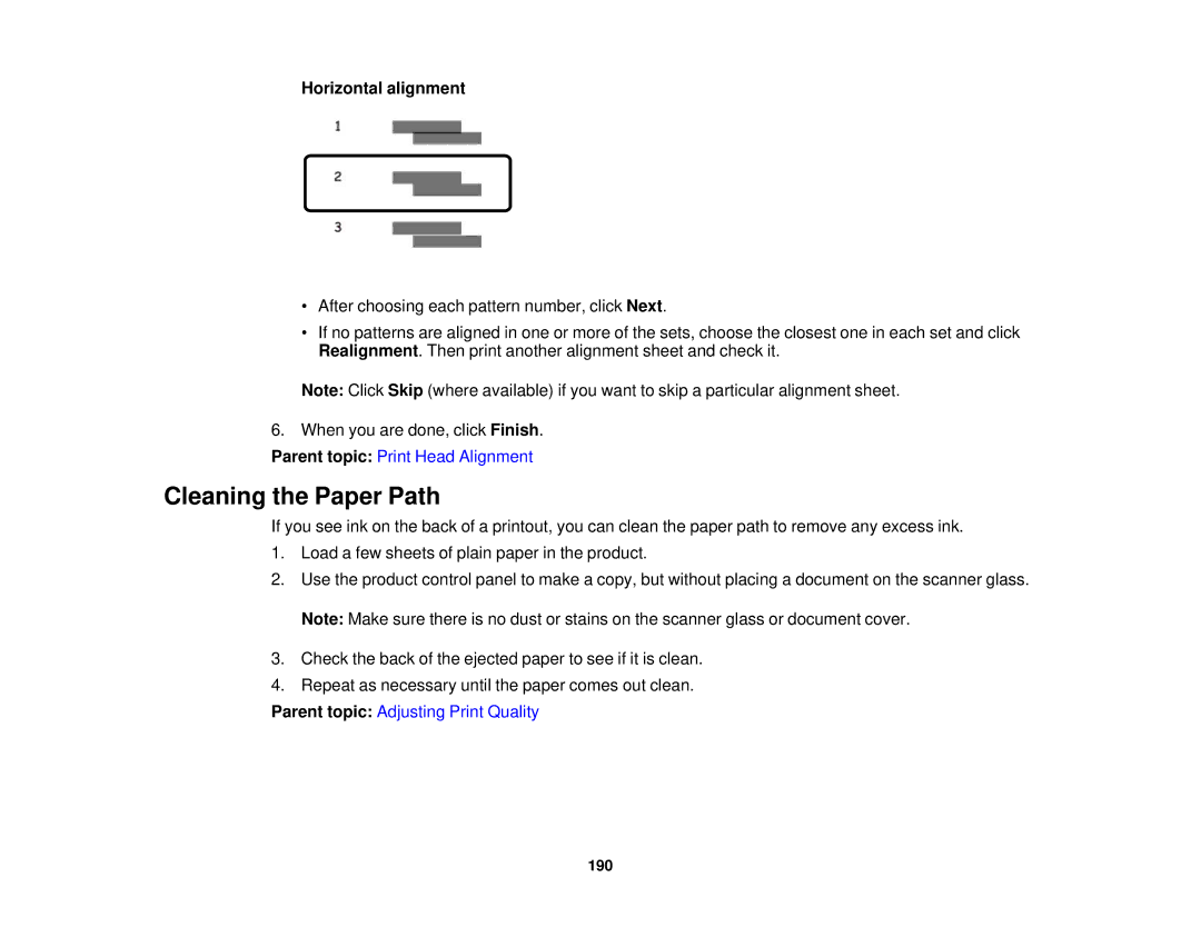 Epson WF-2630 manual Cleaning the Paper Path, Horizontal alignment 