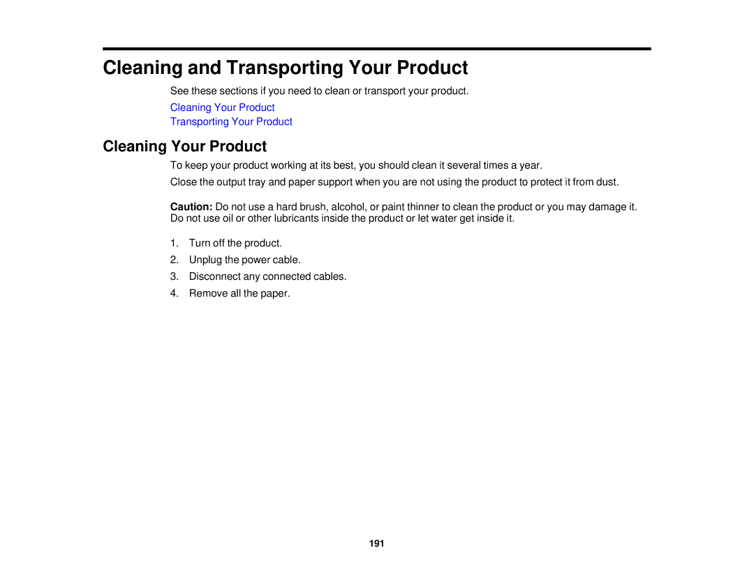 Epson WF-2630 manual Cleaning and Transporting Your Product, Cleaning Your Product 