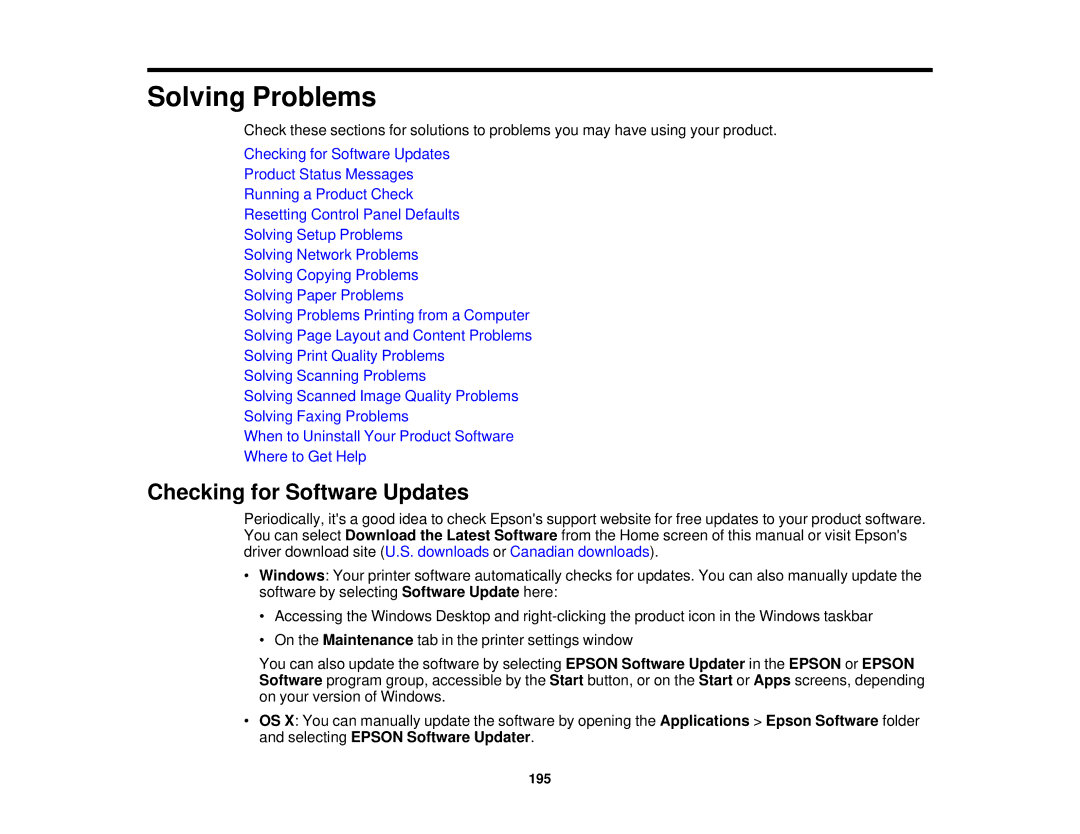 Epson WF-2630 manual Solving Problems, Checking for Software Updates 