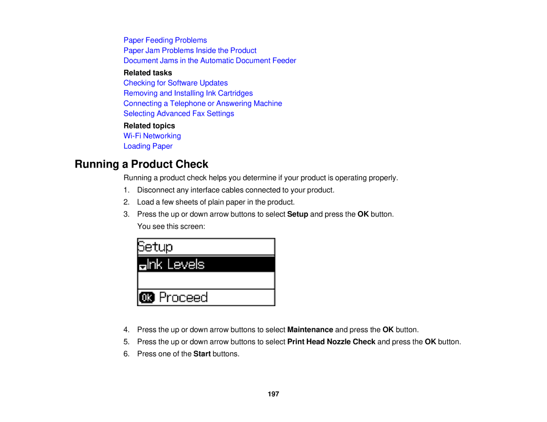 Epson WF-2630 manual Running a Product Check, Related tasks 