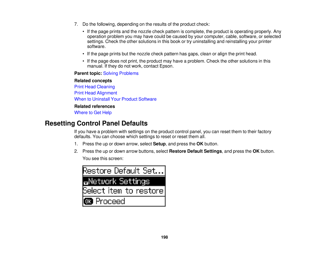 Epson WF-2630 manual Resetting Control Panel Defaults, Related concepts 