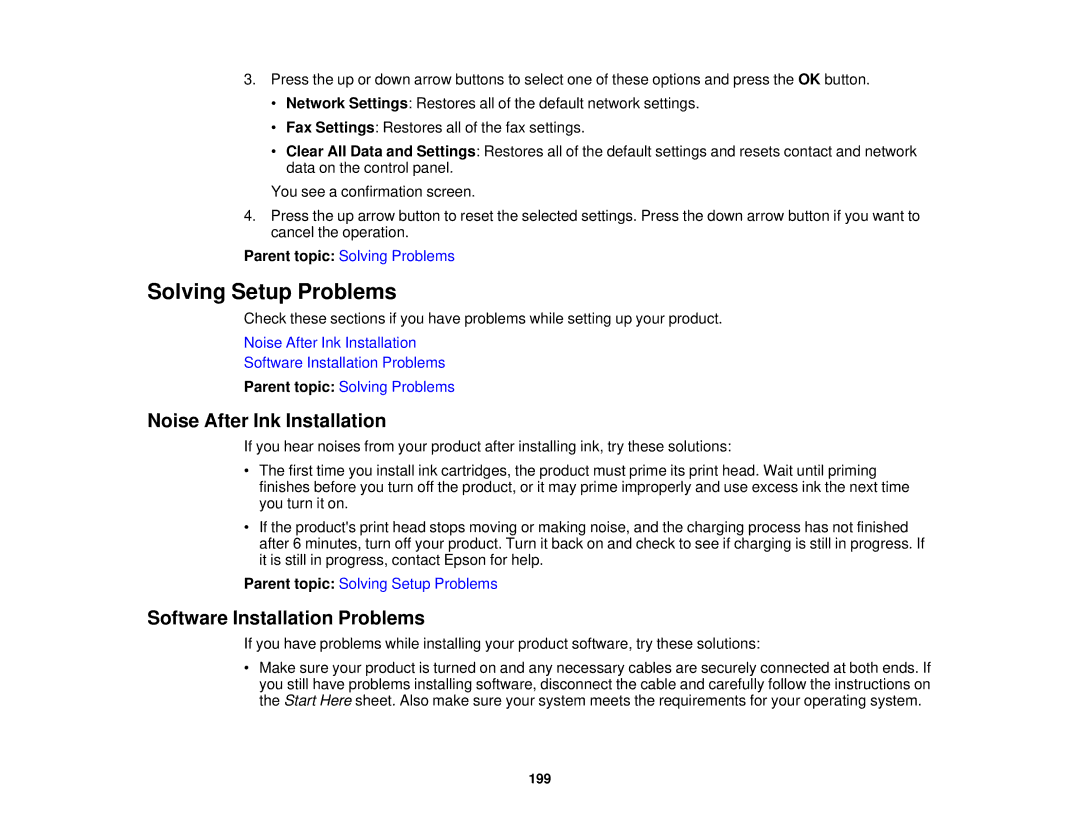 Epson WF-2630 manual Solving Setup Problems, Noise After Ink Installation, Software Installation Problems 