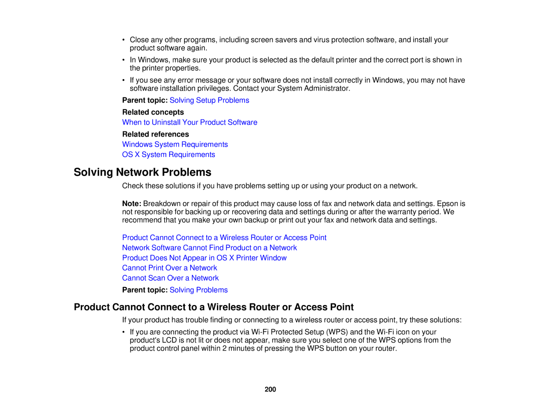 Epson WF-2630 manual Solving Network Problems, Product Cannot Connect to a Wireless Router or Access Point 