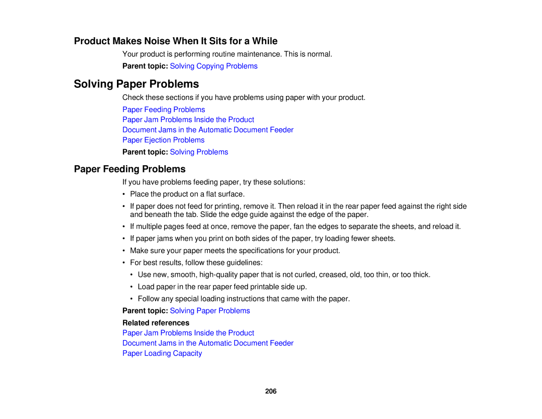 Epson WF-2630 manual Solving Paper Problems, Product Makes Noise When It Sits for a While, Paper Feeding Problems 