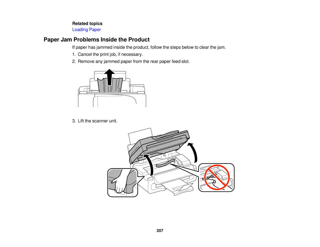 Epson WF-2630 manual Paper Jam Problems Inside the Product, Related topics 