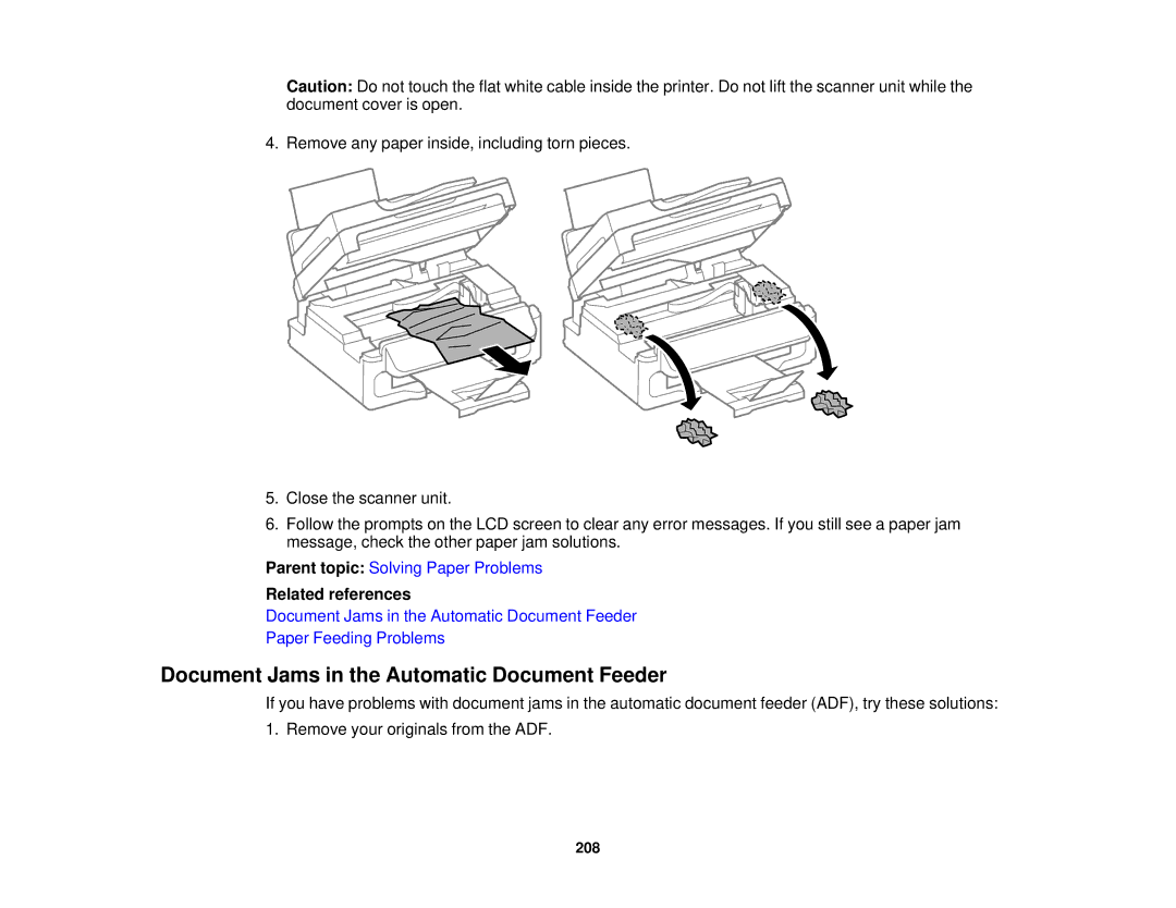 Epson WF-2630 manual Document Jams in the Automatic Document Feeder 