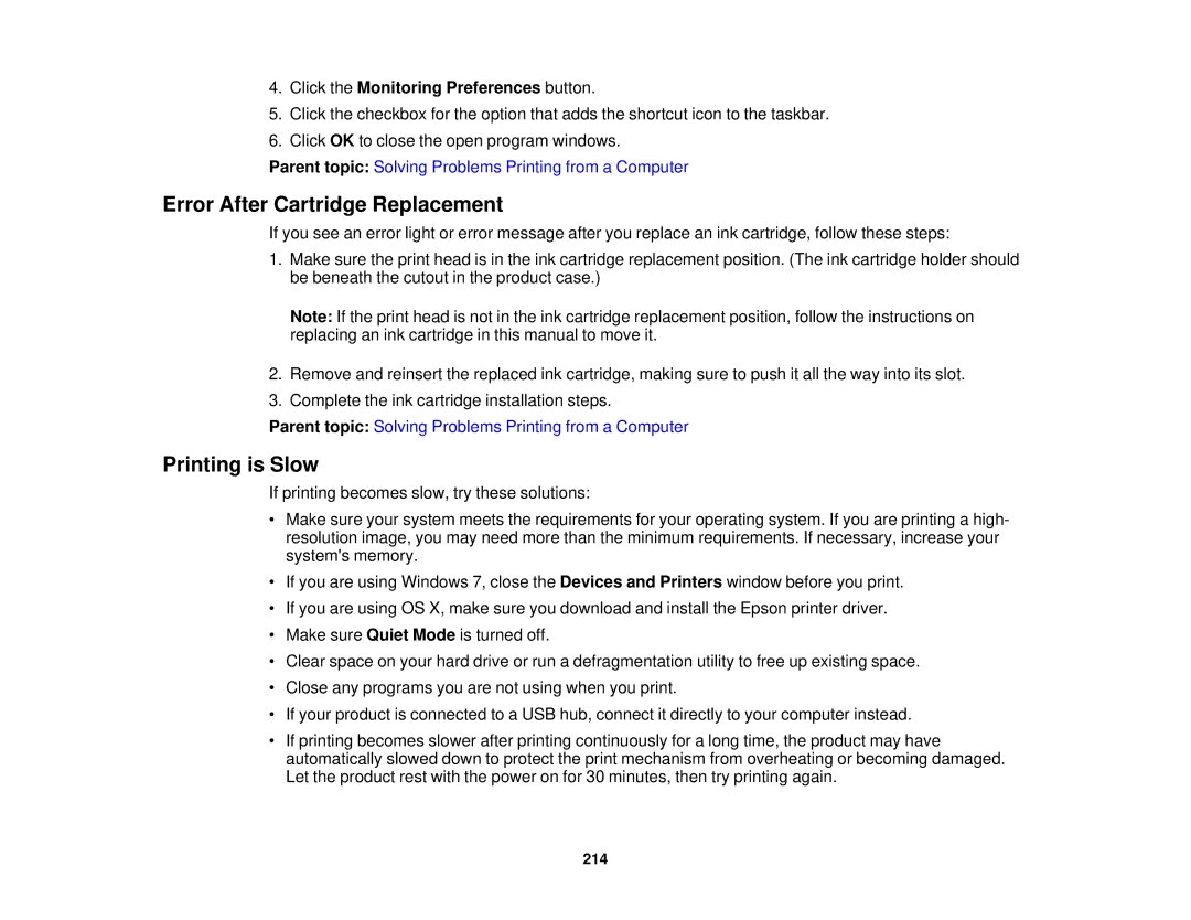 Epson WF-2630 manual Error After Cartridge Replacement, Printing is Slow, Click the Monitoring Preferences button 