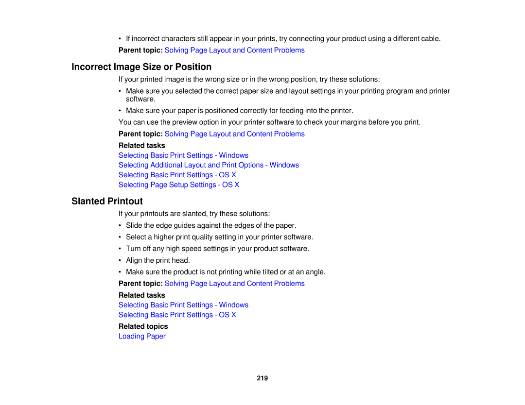 Epson WF-2630 manual Incorrect Image Size or Position, Slanted Printout 