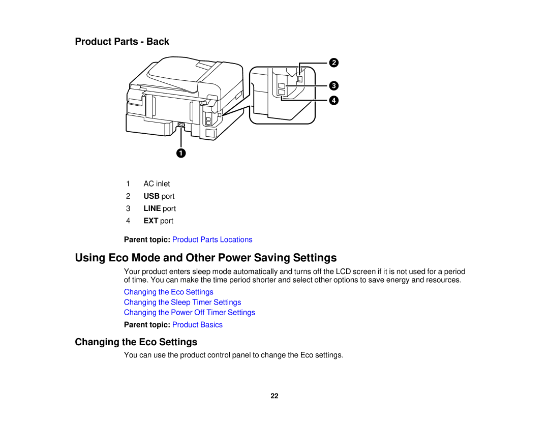 Epson WF-2630 manual Using Eco Mode and Other Power Saving Settings, Product Parts Back, Changing the Eco Settings 