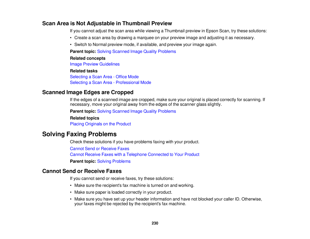 Epson WF-2630 Solving Faxing Problems, Scan Area is Not Adjustable in Thumbnail Preview, Scanned Image Edges are Cropped 