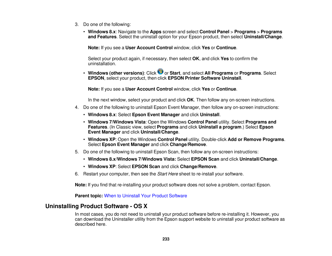 Epson WF-2630 manual Uninstalling Product Software OS, Windows 8.x Select Epson Event Manager and click Uninstall 