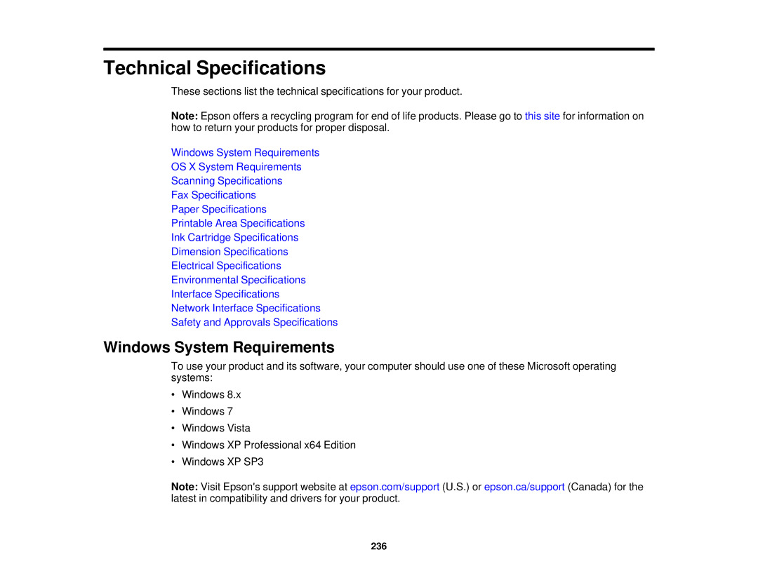 Epson WF-2630 manual Technical Specifications, Windows System Requirements 