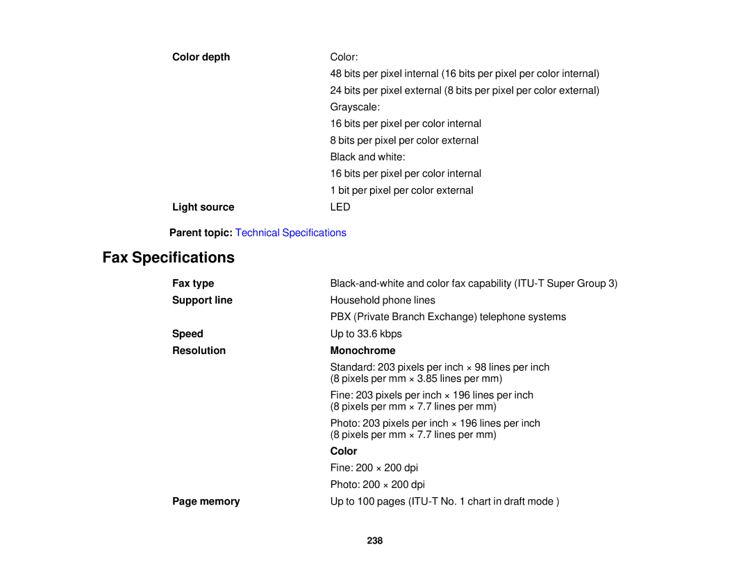 Epson WF-2630 manual Fax Specifications 