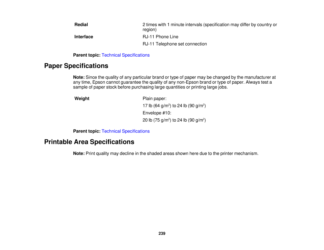 Epson WF-2630 manual Paper Specifications, Printable Area Specifications, Redial, Interface, Weight 