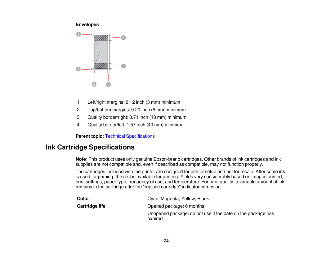 Epson WF-2630 manual Ink Cartridge Specifications, Envelopes, Cartridge life 