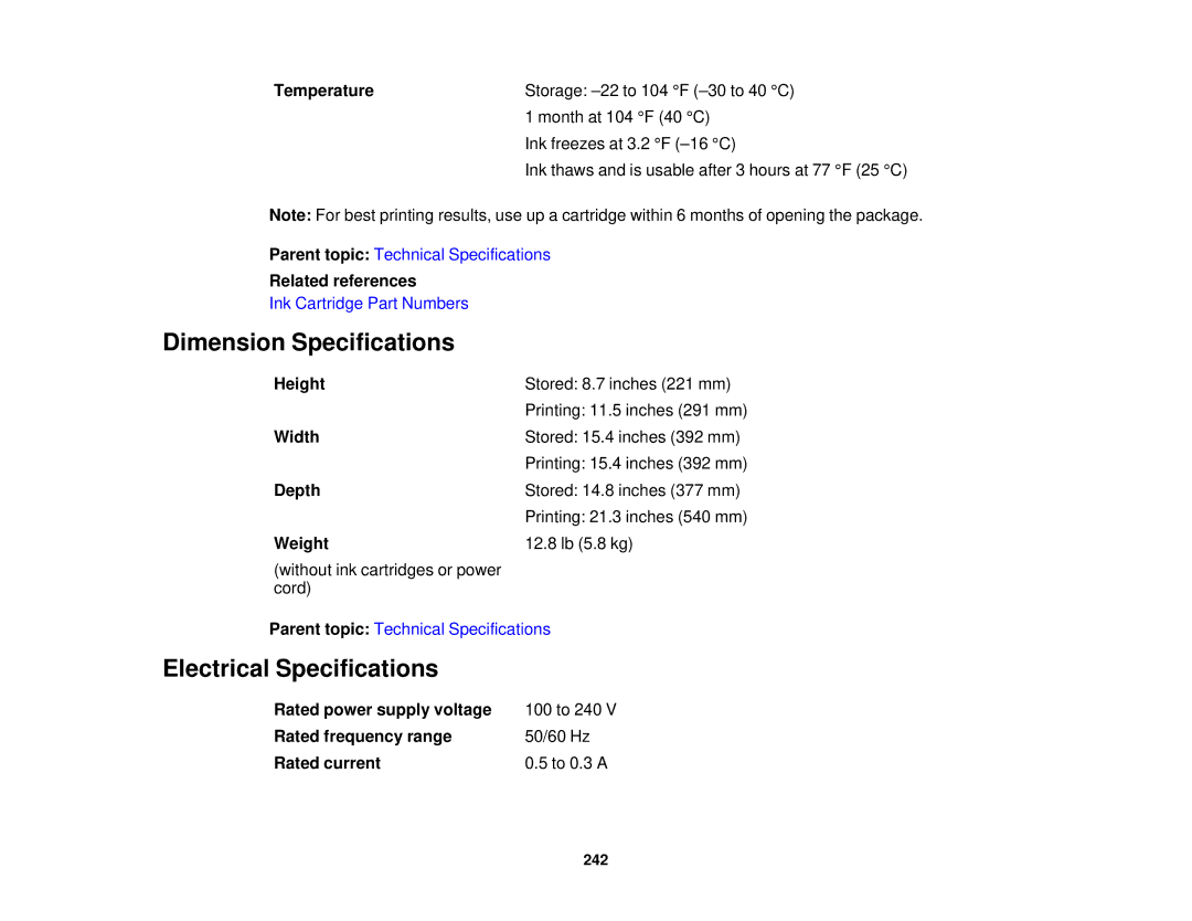 Epson WF-2630 manual Dimension Specifications, Electrical Specifications 