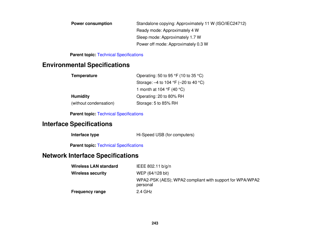 Epson WF-2630 manual Environmental Specifications, Network Interface Specifications 