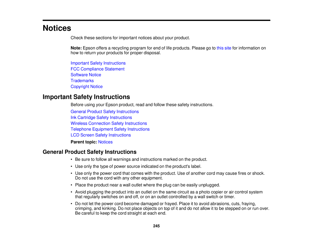 Epson WF-2630 manual Important Safety Instructions, General Product Safety Instructions, Parent topic Notices 