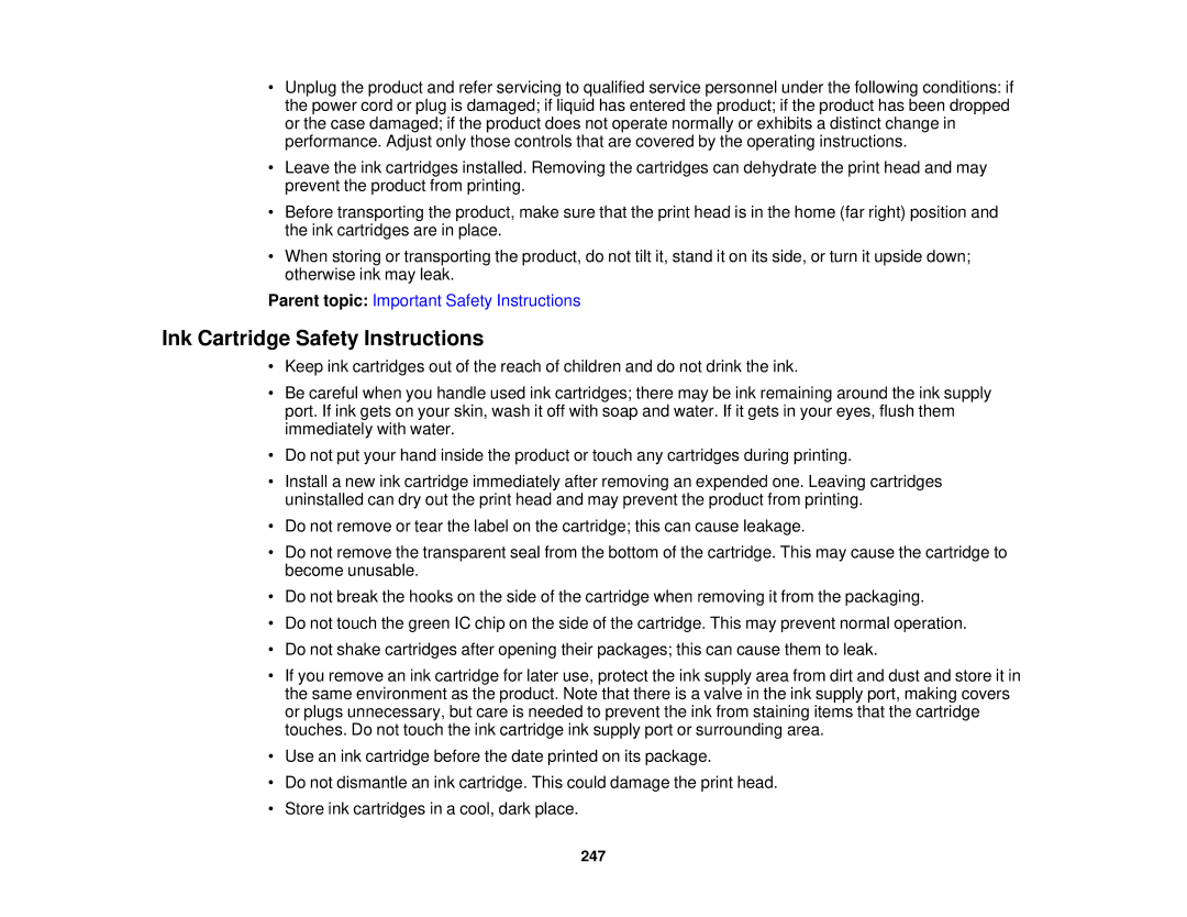 Epson WF-2630 manual Ink Cartridge Safety Instructions 