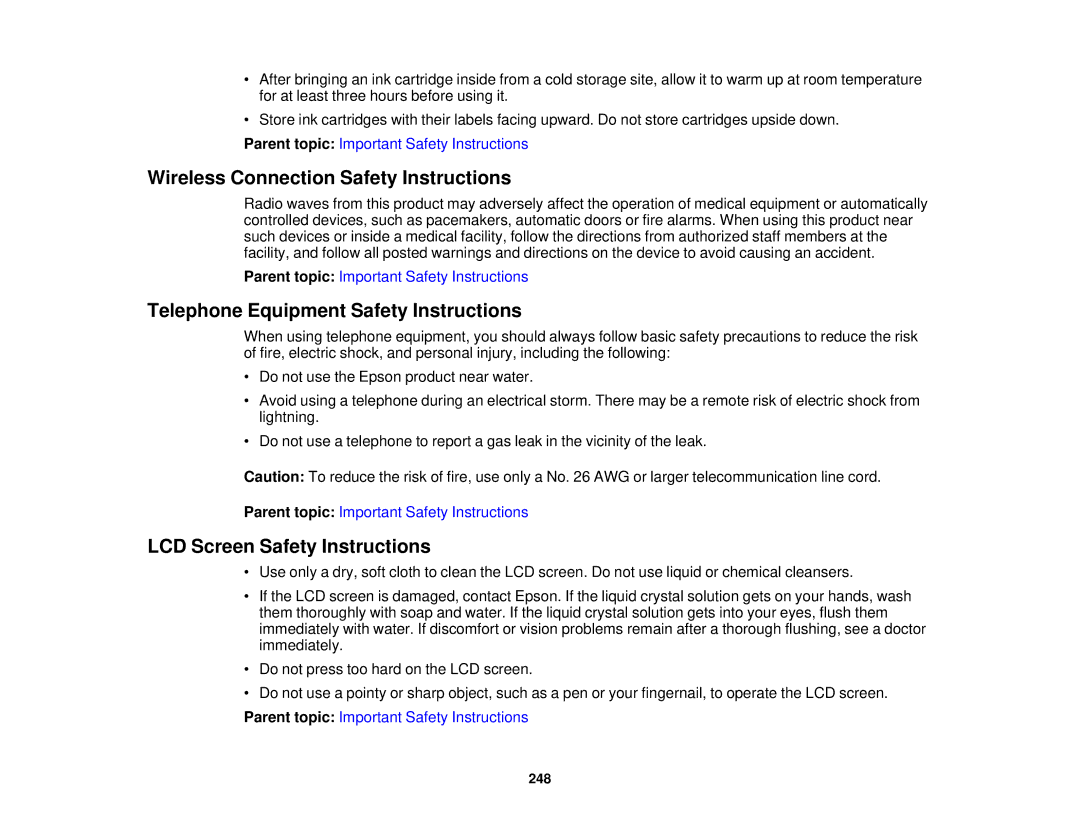 Epson WF-2630 manual Wireless Connection Safety Instructions, Telephone Equipment Safety Instructions 