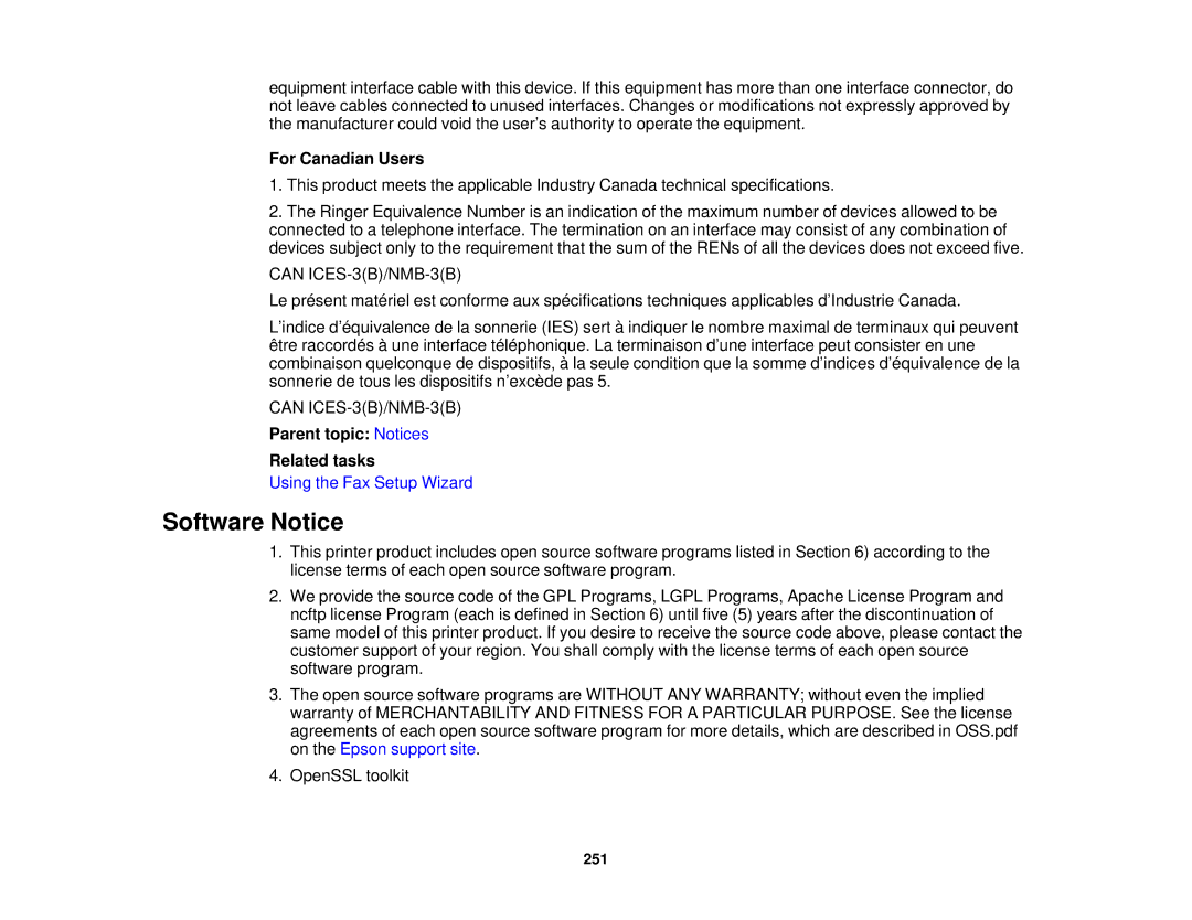 Epson WF-2630 manual Software Notice, For Canadian Users, Parent topic Notices Related tasks 