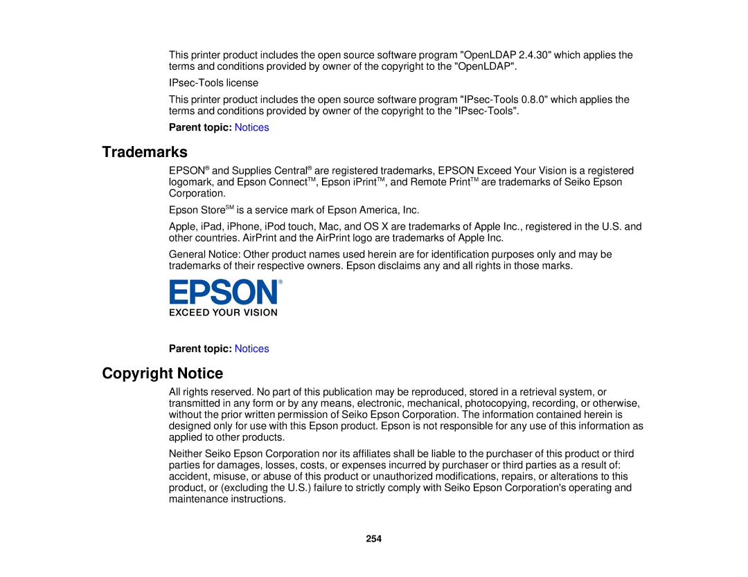 Epson WF-2630 manual Trademarks, Copyright Notice 