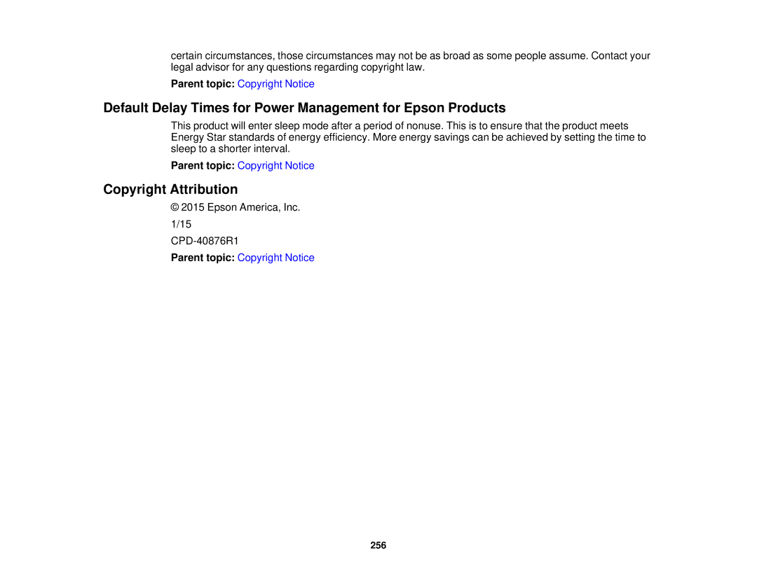 Epson WF-2630 manual Default Delay Times for Power Management for Epson Products, Copyright Attribution 