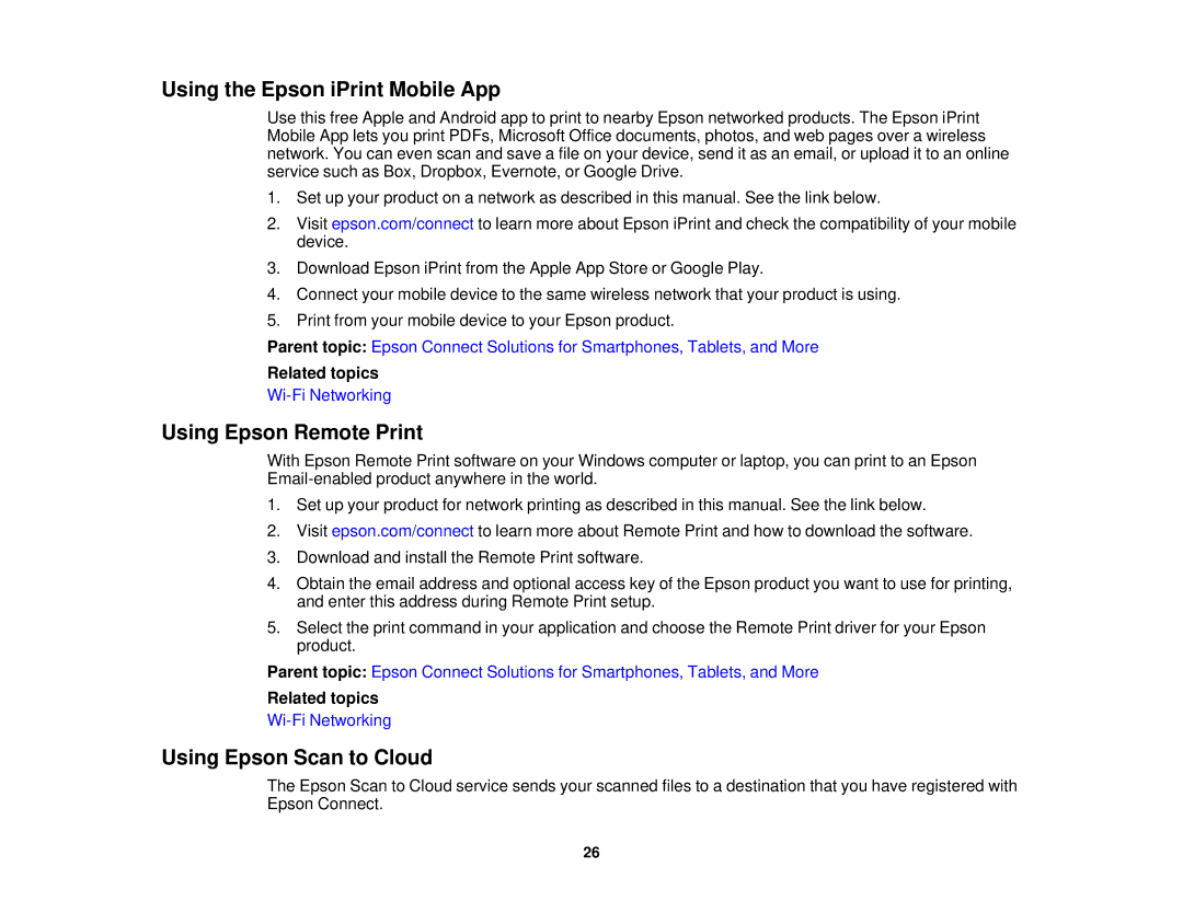 Epson WF-2630 manual Using the Epson iPrint Mobile App, Using Epson Remote Print, Using Epson Scan to Cloud 