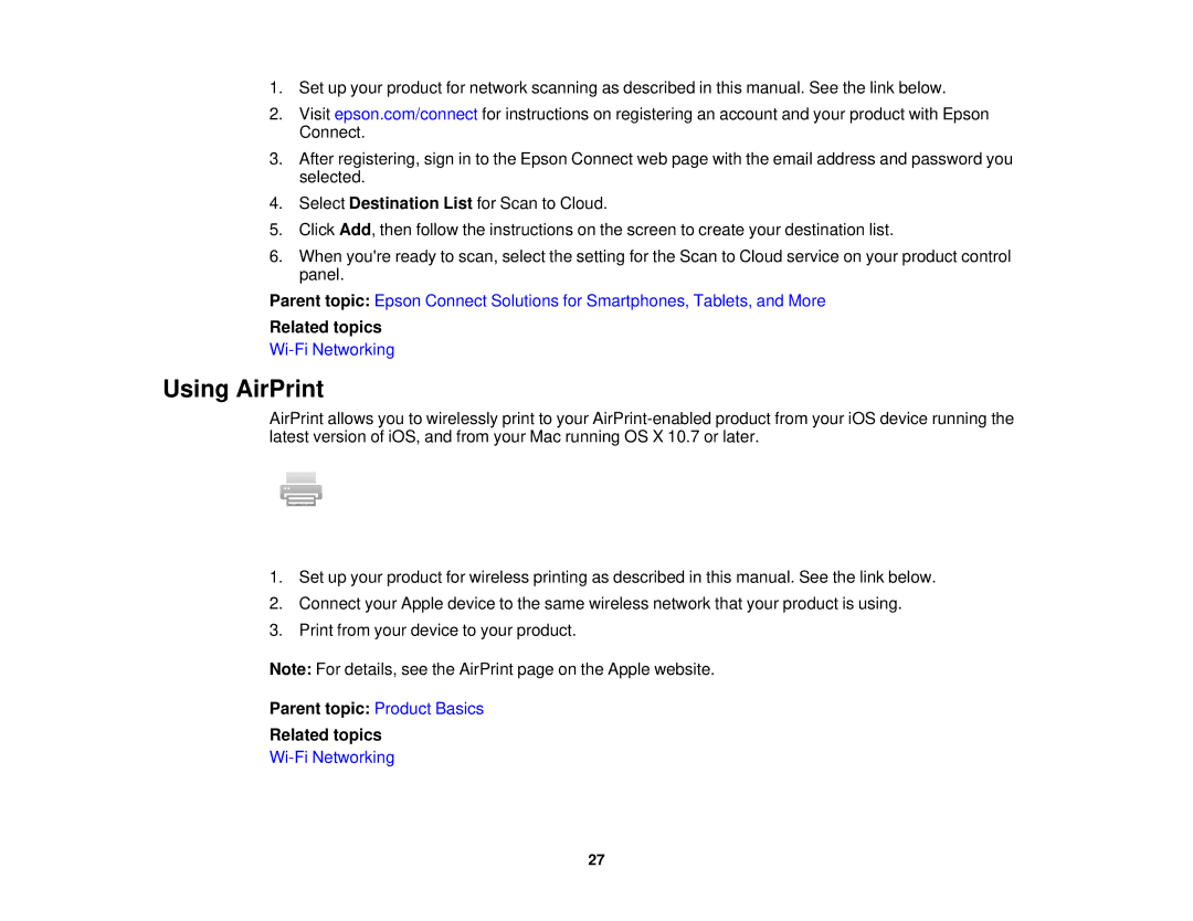 Epson WF-2630 manual Using AirPrint, Parent topic Product Basics Related topics 