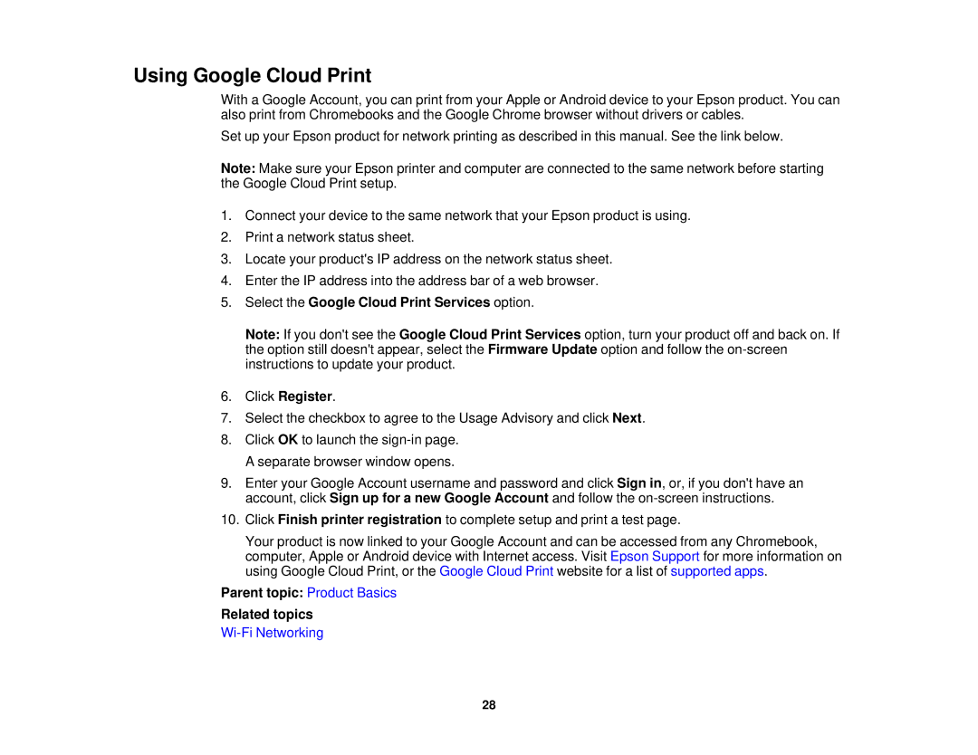 Epson WF-2630 manual Using Google Cloud Print, Select the Google Cloud Print Services option Click Register 