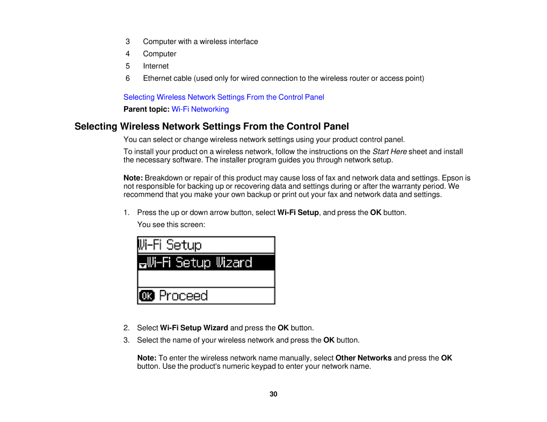 Epson WF-2630 manual Selecting Wireless Network Settings From the Control Panel 