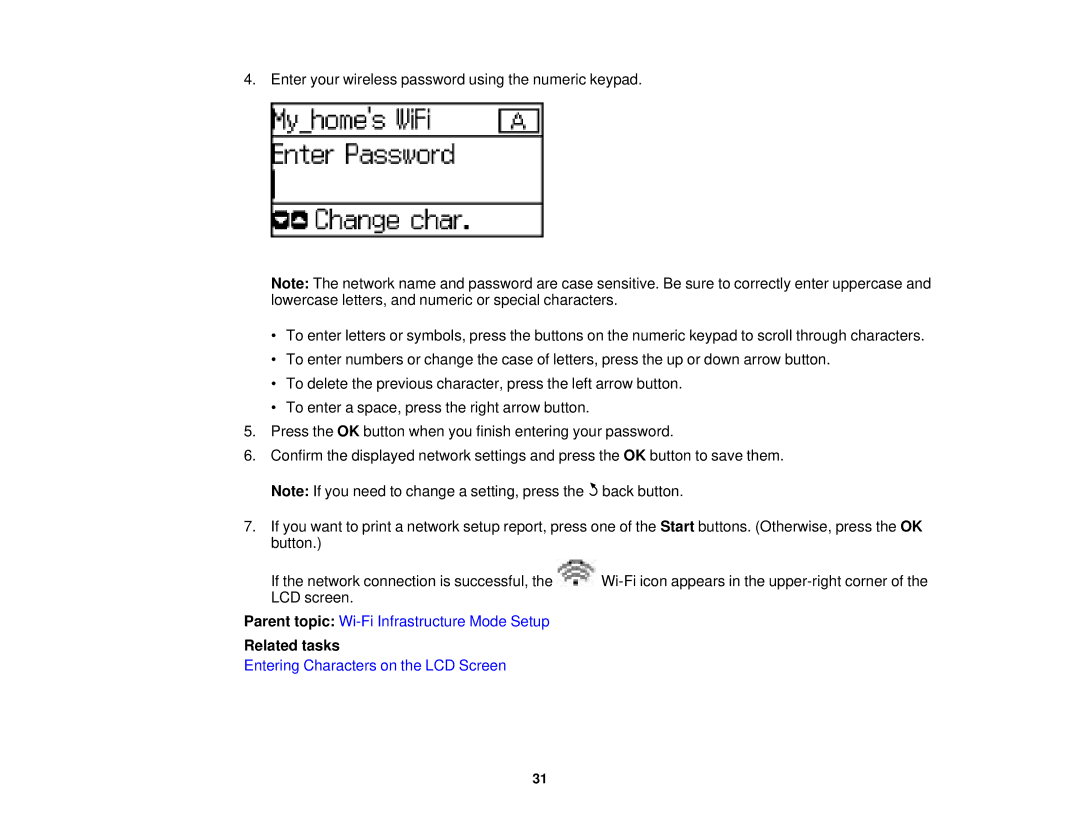 Epson WF-2630 manual Parent topic Wi-Fi Infrastructure Mode Setup 