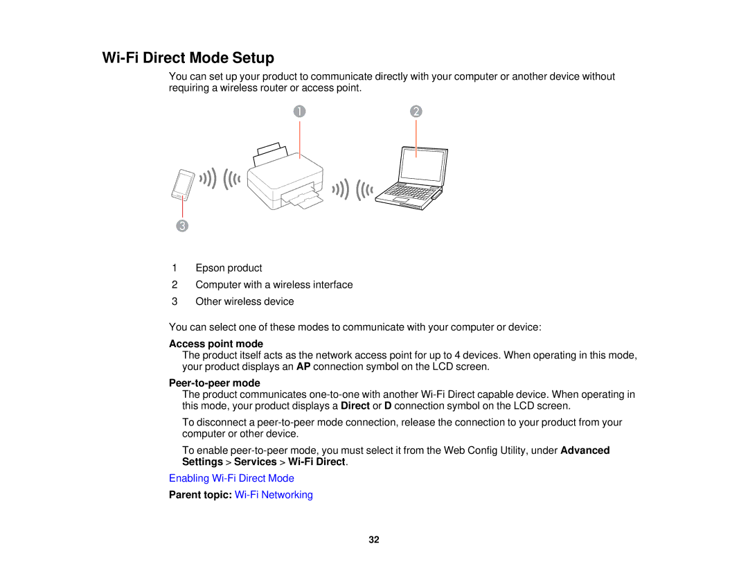 Epson WF-2630 manual Wi-Fi Direct Mode Setup, Access point mode, Peer-to-peer mode 