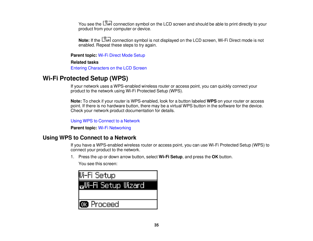 Epson WF-2630 manual Wi-Fi Protected Setup WPS, Using WPS to Connect to a Network 