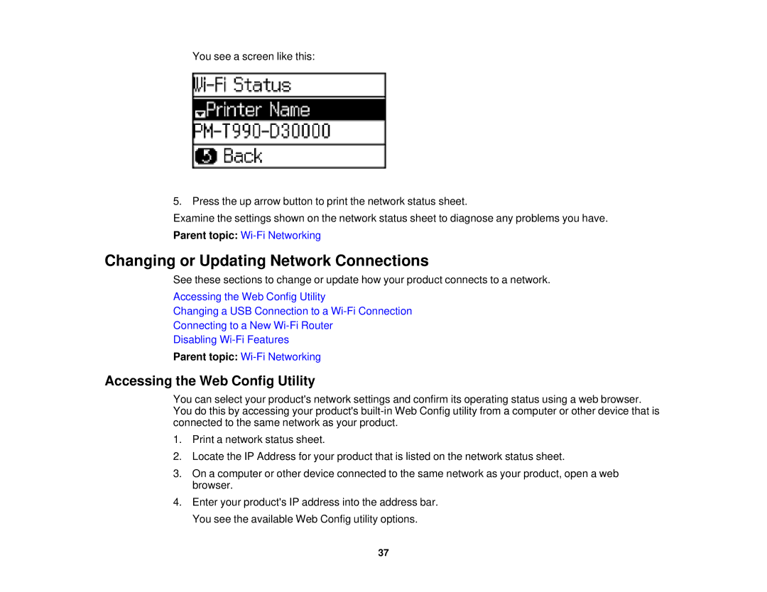 Epson WF-2630 manual Changing or Updating Network Connections, Accessing the Web Config Utility 