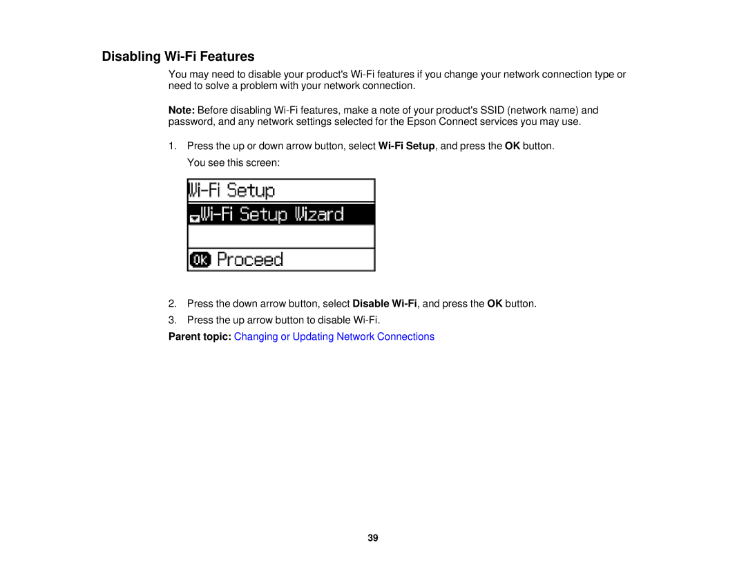 Epson WF-2630 manual Disabling Wi-Fi Features 