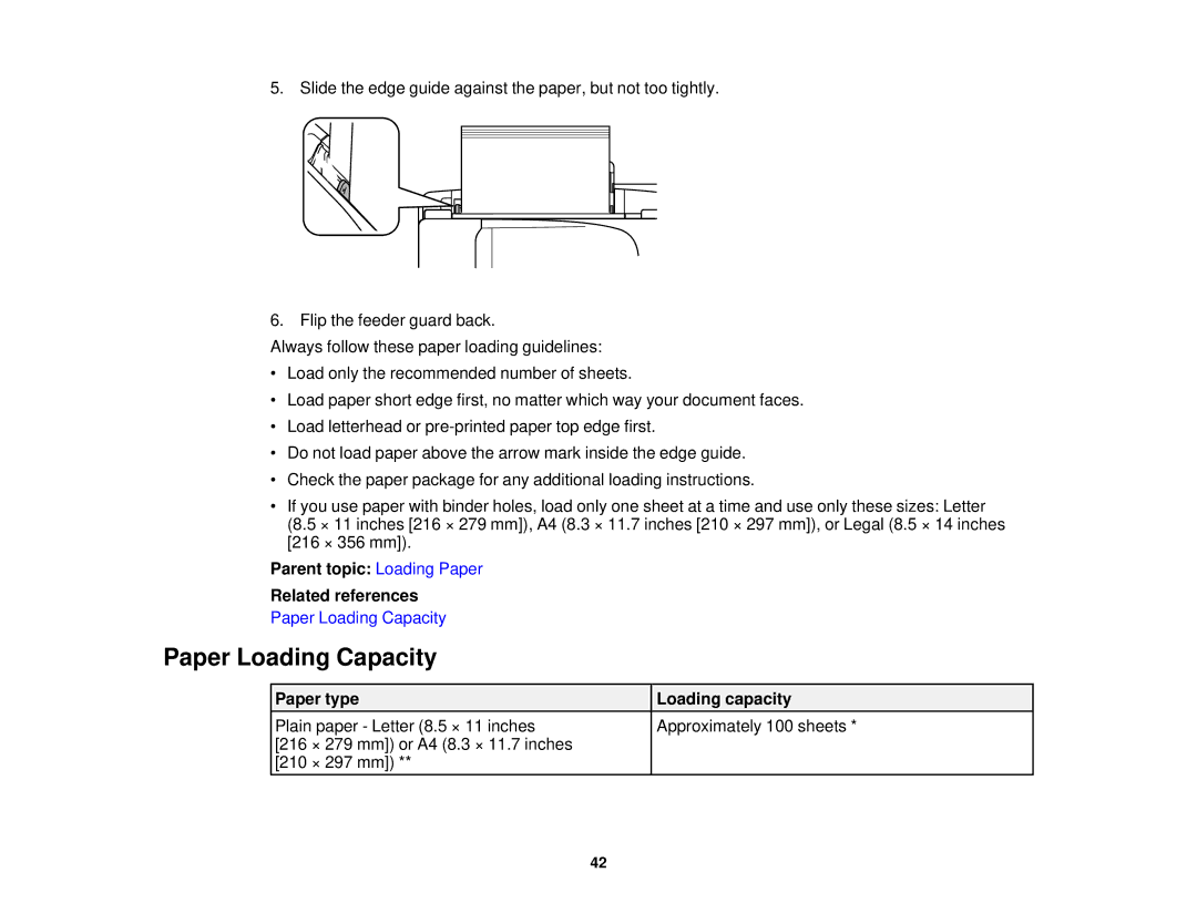 Epson WF-2630 manual Paper Loading Capacity, Parent topic Loading Paper Related references, Paper type Loading capacity 