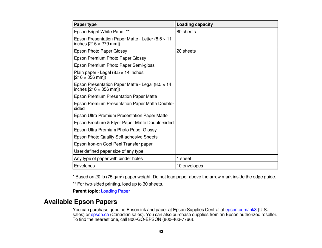 Epson WF-2630 manual Available Epson Papers, Parent topic Loading Paper 