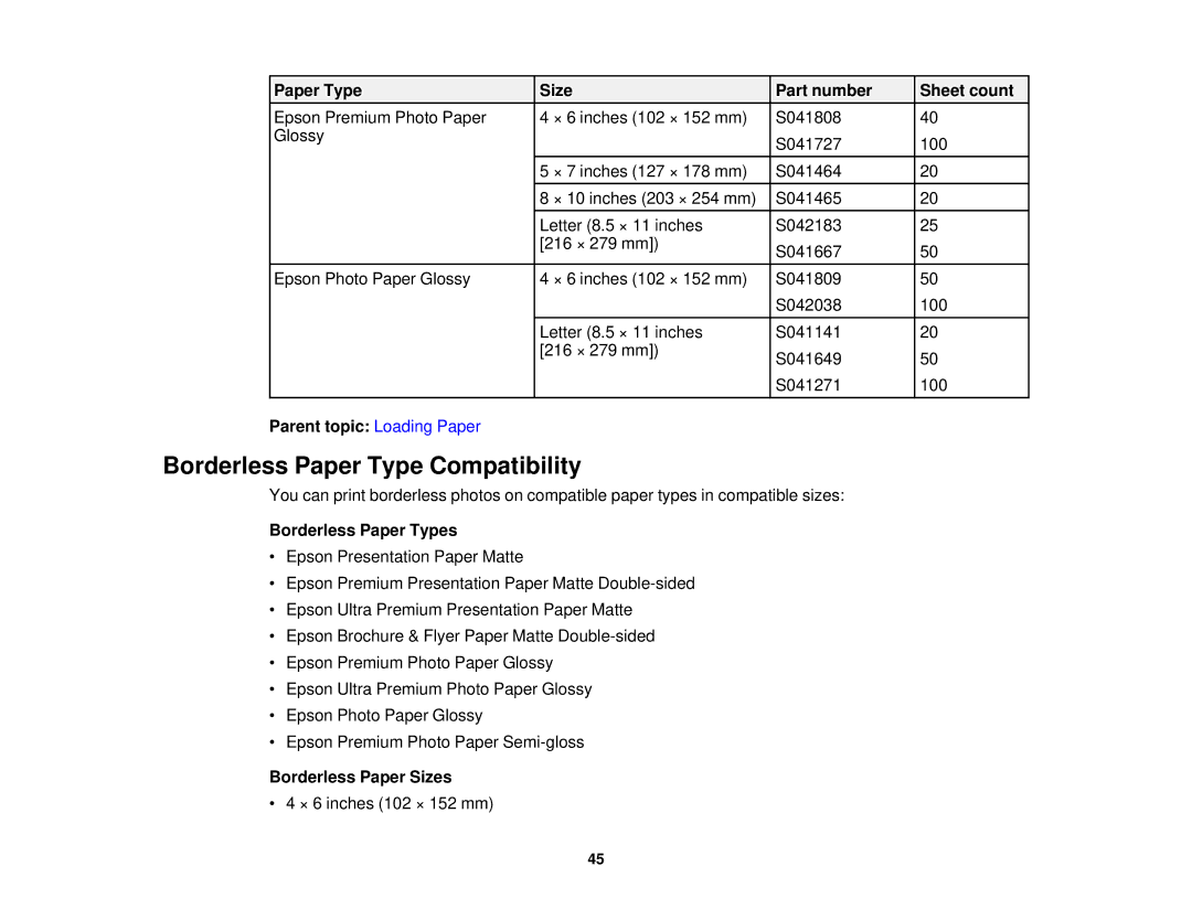 Epson WF-2630 manual Borderless Paper Type Compatibility, Borderless Paper Types, Borderless Paper Sizes 