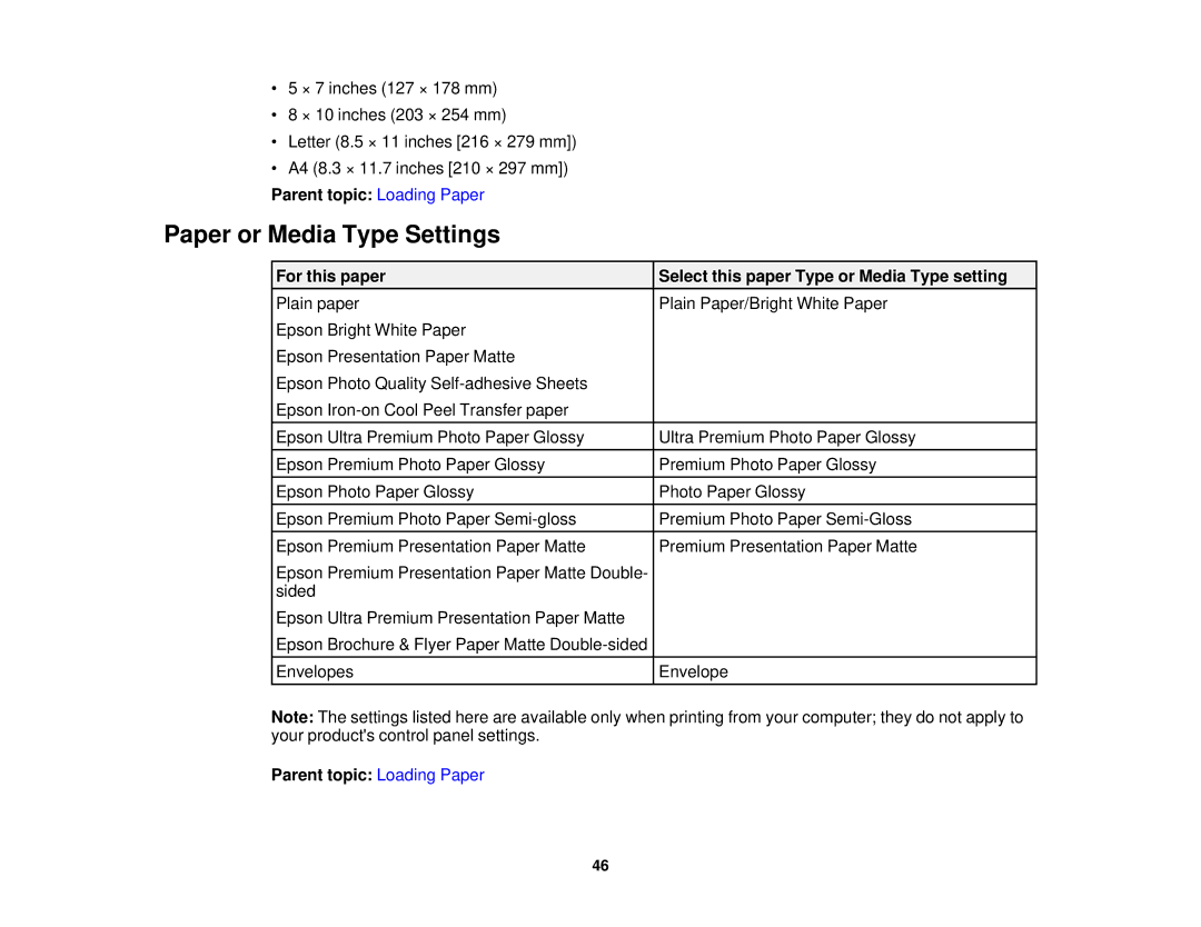 Epson WF-2630 manual Paper or Media Type Settings, For this paper Select this paper Type or Media Type setting 